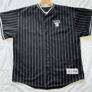 Majestic Black Pinstripe Raiders Button-Up Jersey